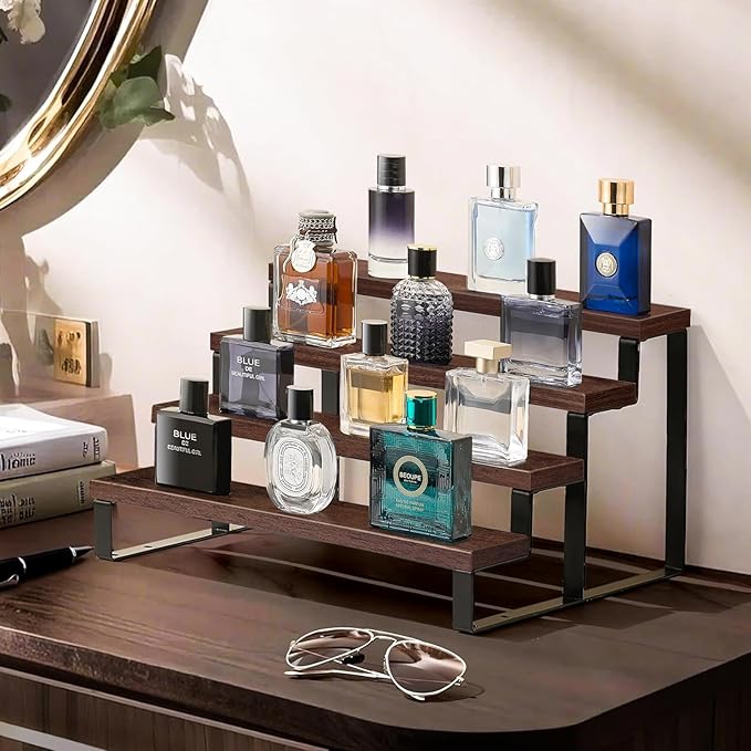HomePekite Dark Brown Wood Cologne Organizer for Men,12 Inch Cologne Stand Waterproof Perfume Organizer for Dresser with Anti-Slip Washers,Wooden Display Risers Stand