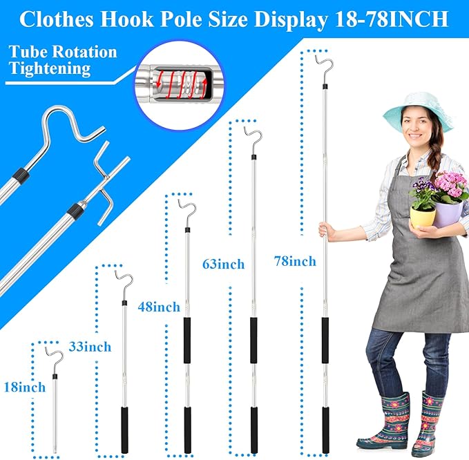 Clothes Hook Pole Heavy Duty,32 to 80In Retail Clothing Hook Pole Long Handle with 2 Hooks Hanging Birdfeeder Frosted Tube Extension Pole to Reach High Hangers for Turck (Silvery 80in)