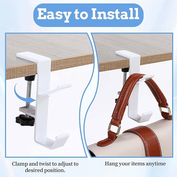 YUANQIAN Clamp-On Under Desk Headphone Holder Backpack Hook Students' Desk Hook with Adjustable Arm Clamp Women's Bag Handbag and Purse Holder -Suitable for Plate Between 1-5cm (4Pack White, 4)