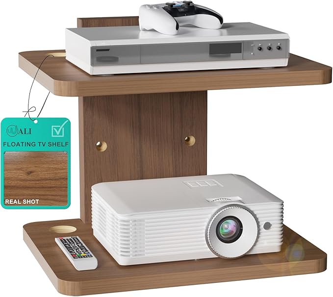 WALI Floating TV Shelf, 2 Tier Projector Shelf for DVD Players, Routers, Game Consoles, Cable Boxes, Living Room Decor Accessories, Wall Mount Shelves Holds Up to 22lbs (CS202N), 2-Shelf, Walnut Brown