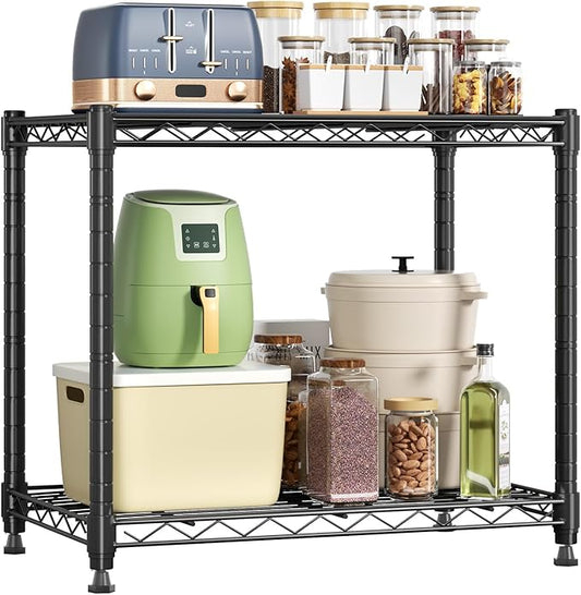 DUMOS 2-Tier Metal Wire Storage Shelves, Adjustable Standing Storage Rack Shelf, Heavy Duty Steel Shelving Unit Organizers for Kitchen Bathroom Pantry Garage, 23.3" W×13.4" D×22.1" H, Black