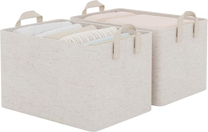 StorageWorks Storage Bins, Shelves Baskets for Organizing, Large Fabric Closet Organizers with Handles, Metal Frame, Beige-Cotton-linen, 2-Pack