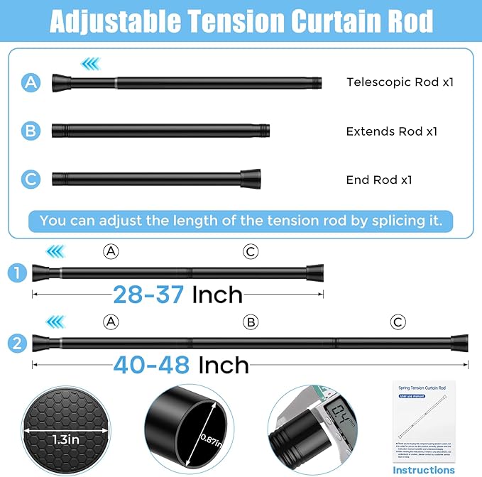 2PCS Black Tension Rods for Windows 28 to 48 Inch Adjustable Curtain Rod 7/8" Diameter Rust-Free Spring Tension Curtain Rod No Drilling Small Shower Rods for Bathroom Doorway Kitchen Closet
