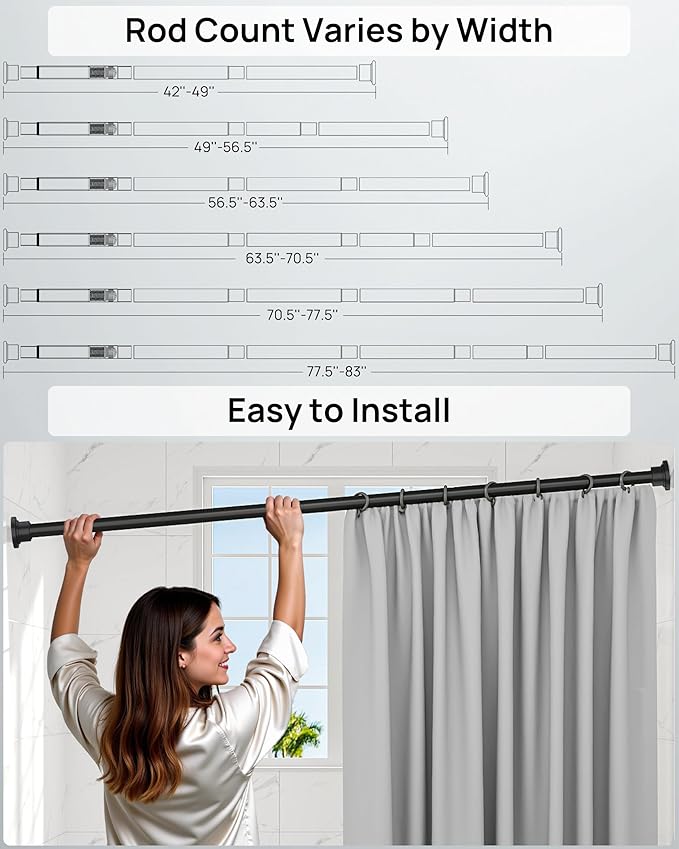 ALLZONE Heavy Duty Tension Shower Curtain Rod 42-83 Inches for Bathroom, Window, Non-Slip, Adjustable with Strong Spring Pole for Closet, Doorway, No Rust, No Drilling, Black (Pack of 2)