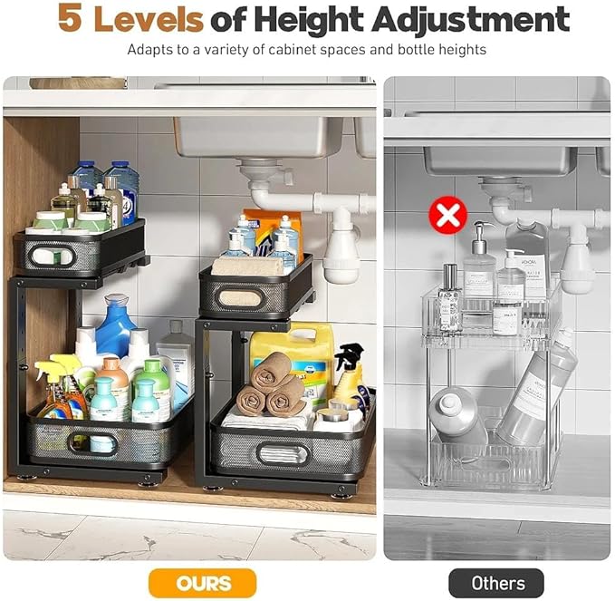 1 Pack 15.7IN-Depth Under Sink Organizer With Smooth Cylindrical Rail,2-Tier Pull Out Multi-Purpose Cabinet Storage for Bathroom&Kitchen,Height Adjustable,Rust-resistant Coating-Black