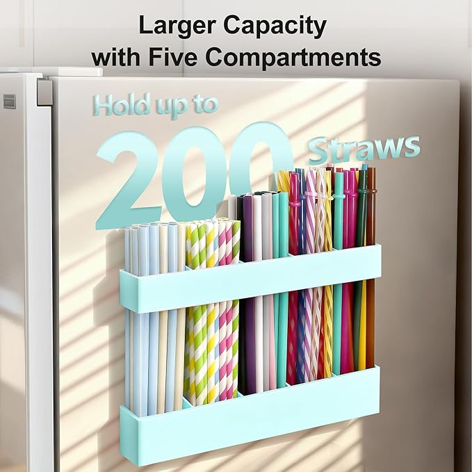 9.6” Large Acrylic Straw Holder for Cabinet Door, Reusable Adjustable Two-Part Straws Organizer with Ultra Sticky Adhesive Strips, 2026 Straw Storage for Kitchen Cupboard(Mint Blue)