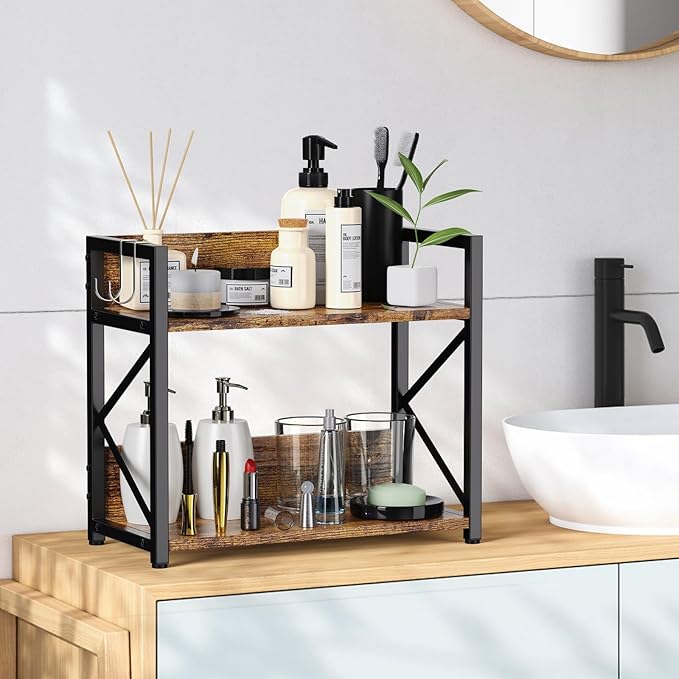 2 Tier Kitchen Counter Shelf Organizer, Coffee Bar Station Organizer for Countertop，Space Saving Spice Rack, Desk Shelf Riser, Coffee Bar Accessories(Rustic Brown, Medium) | Organizer, Coffee Bar Station, Space Saving, Spice Rack, Desk Shelf Riser