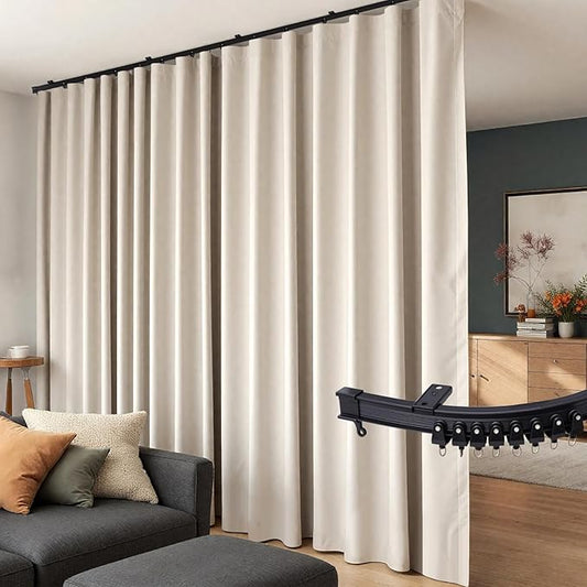 Room Divider Curtains Flexible Ceiling Tracks Set Curtain Track Ceiling Mount Blackout Curtain for Living Room Bedroom Ceiling Curtain Rod Privacy Dividers Panels W120 x H96 Beige Drape & Black Rail