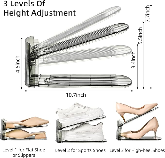 Shoe Slots Organizer, Clear Shoe Stacker, Adjustable Level Shoe Rack,Storage Space Saver for Sneakers Display (Grey Transparent, 6Pack)