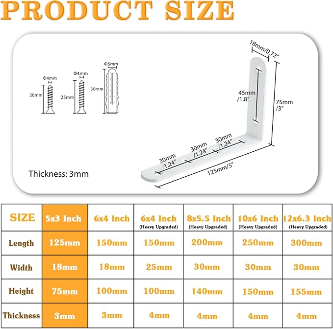 Alise Floating Shelf Brackets,L Brackets for Shelves Heavy Duty Shelving Brackets Stainless Steel Corner Brace Angle Bracket for Wood,5x3 Inch Wall Shelf Bracket White,Pack of 4