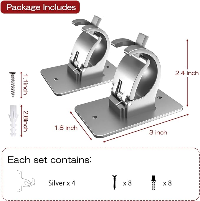 CIEMGNZOC 4PCS No Drill Curtain Brackets, Self-Adhesive Rods, Nail Free Adjustable Holders, Hooks for Rods Under 1.57 Inch (Silver)