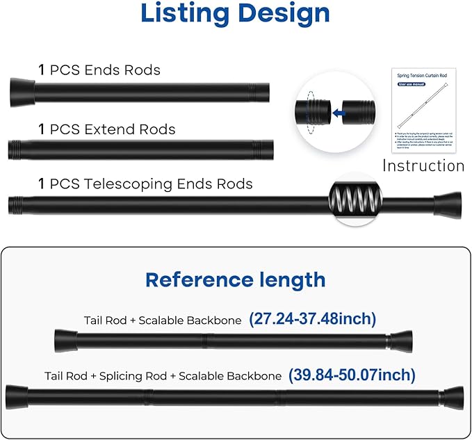 Black Tension Rods for Windows 28 to 48 Inch 2 Pack Spring Curtains Rod Tension Curtain Rod Expandable Pressure Curtain Rod Tension No Drill Adjustable Curtain Rods for Bathroom,Doorway,Door