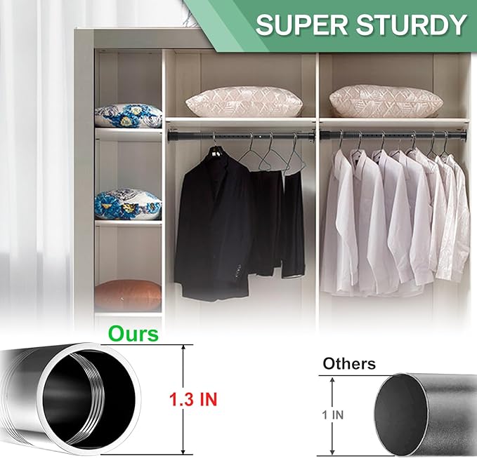 Closet Rod - 17-100 Inches, 1.3 Inch Diameter Heavy Duty Closet Rods Extender Hanging - Metal Matte Black Adjustable Clothes Hanging Bar, for Closet, Bathroom, Windows