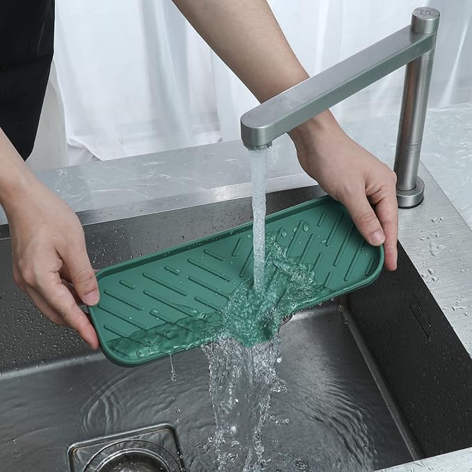 MicoYang Silicone Soap Dish with Drain Spout — Self-Draining Double Sink Organizer Tray for Kitchen & Bathroom, Dispensers, Sponges & Soap Holder, Non-Slip & Dishwasher Safe, Green (Large, 12"×4")