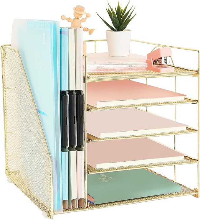 Desk Organizers and Accessories, 5-Tier Paper Letter Tray Organizer with File Holder, Desktop Organizer for Office Supplies (Gold)