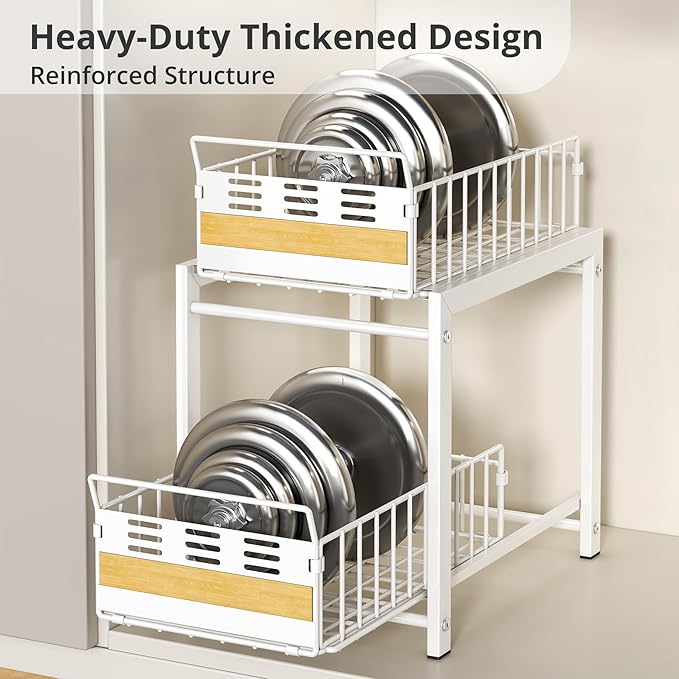 Under Sink Organizer, 2-Tier Pull Out Cabinet Organizer with Heavy-Duty Carbon Steel Sliding Shelves, Stackable Multi-Purpose Storage Rack for Kitchen Pantry Bathroom with Movable Dividers, White