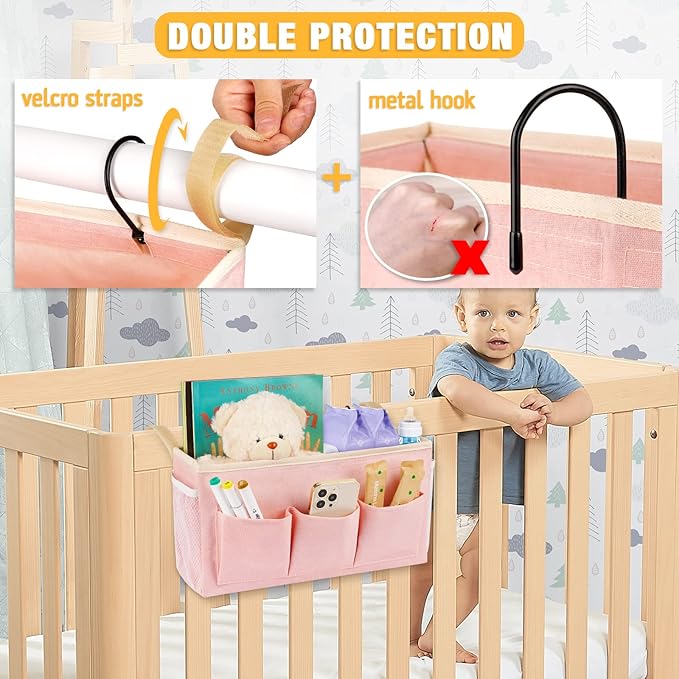 Lilithye Bedside Caddy Bedside Organizer Bedside Storage Caddy with Fixed Straps and Water Bottle Holder for Home College Dorm Bunk Bed Hospital Bed Crib Bed Rails (Pink)