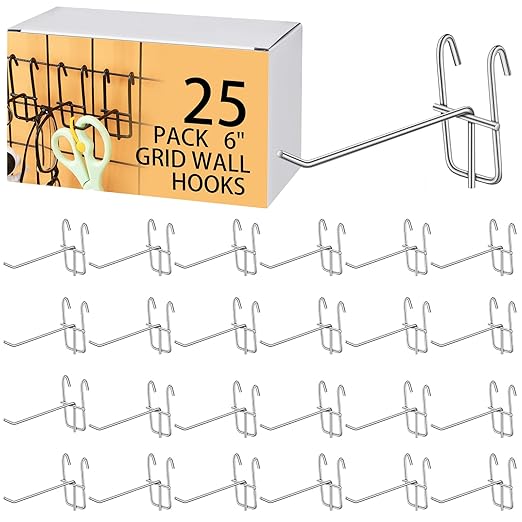 Moxweyeni 6 Inch Grid Wall Hooks 25 Pcs Gridwall Panel Hooks Store Garage Wall Mount Organizers Storage Grid Display Hangers for Retail, Craft Show, Home Setup, Customized Display (Silver)