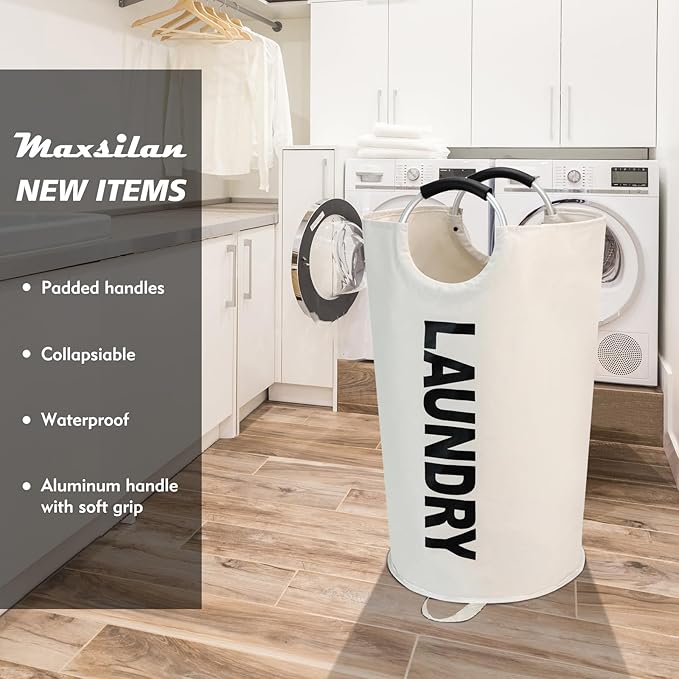 Maxsilan 125L X-Large Laundry Basket, Freestanding Tall Clothes Hamper, Collapsible Laundry Bag, Beige