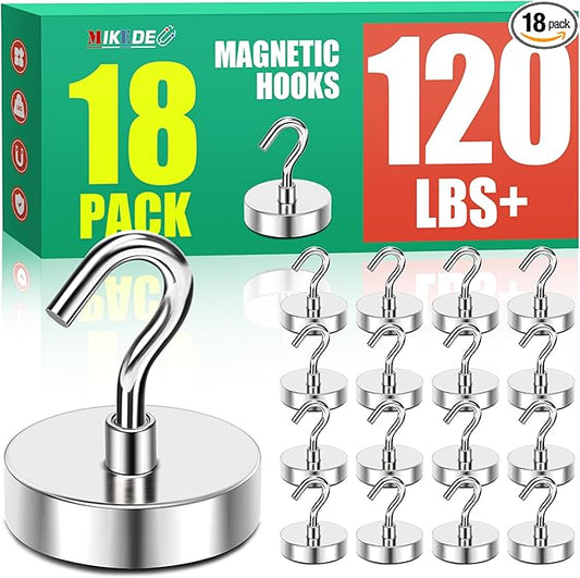 MIKEDE Magnetic Hooks, Strong Magnets Hooks Heavy Duty, Extra Strong Cruise Hook for Hanging, Industrial Metal Refrigerator Hooks for Cruise Cabins, Fridge, Kitchen, Grill-18 Pack-120lbs