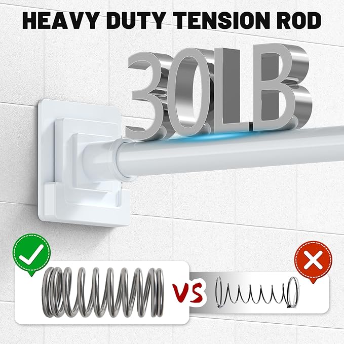 White Shower Curtain Rod 31-79 inches, Stainless Steel Shower Rod & Tension Rod, Adjustable Tension Shower Curtain Rod for Bathroom, Windows, Closet