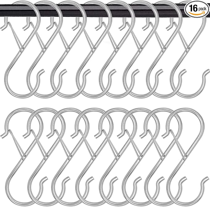 Waitkey 16 Pack S Hooks for Hanging, 3.5 inch Heavy Duty Metal S Hooks with Safety Buckle S Shaped Hooks Pot Rack Closet Hooks for Hanging Plants, Clothes, Kitchen Utensil, Pots, Pans, Bags (Silver)