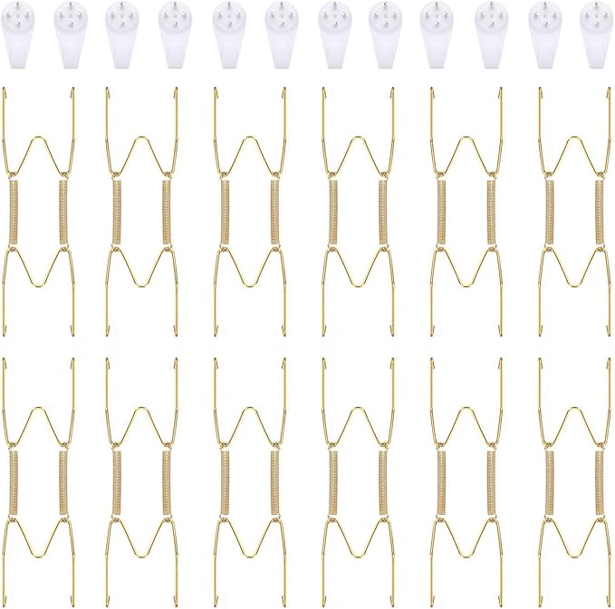 Hotop 12 Pieces Plate Hangers for Wall Stainless Steel Wire Invisible Plate Hangers Heavy Duty Display Holders with 12 Pieces Hooks for Wall Decoration(6 Inch,Gold)