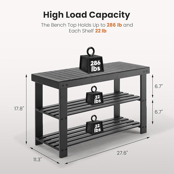Sweetcrispy 3-Tier Shoe Rack Bench, Bamboo Entryway Storage Organizer, Shoes Stand for FrontDoor Entrance, Bedroom, Living Room, 286lb Capacity, 11.3 x 27.6 x 17.8 Inches, Pitch-Black