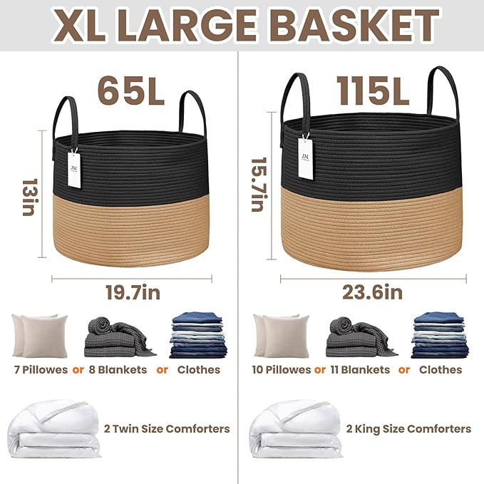 115L Extra Large Blanket Basket for Living Room - Woven Cotton Rope Laundry Hamper with Reinforced Handles - Storage Bin for Pillows, Comforters & Toys - Machine Washable,Black&Jute