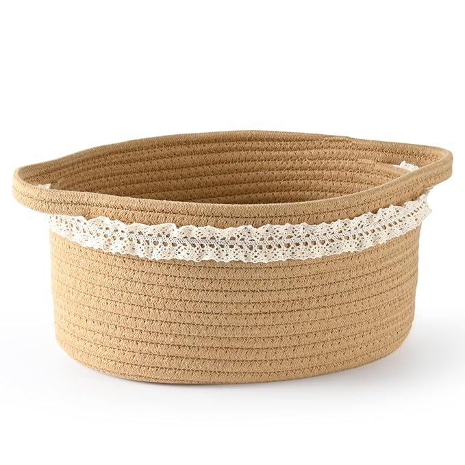 Brown Woven Cotton Rope Storage Basket with Lace Trim, Collapsible Toy Organizer, 13" D x 8" W x 6" H, Decorative Basket for Nursery