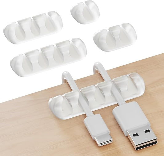 GLUIT Cord Organizer for Desk Cable Holder for Nightstand Charger Organizer Adhesive Desktop Wire Multislot Clips and Table Management Accessories Office Spaces Transparent 5 Pack, 15 Slots
