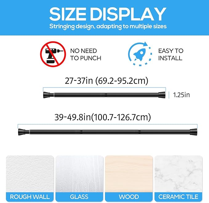 2 Pack Spring Tension Rods 28-49 Inches, 7/8 Inch Diameter Black No Drill Spring Loaded Adjustable Extendable, Small Short Tension Curtain Rod for Windows Kitchen Doorway Closet Cupboard