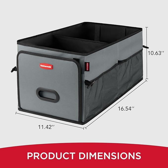 Rubbermaid Car Organizer, Collapsible Trunk Organizer, Multi-Compartment Car Storage Organization for Car Accessories, 2 Compartments-Gray