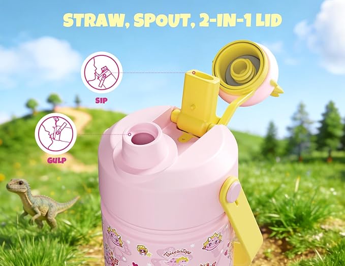 POWCAN 18 oz Kids Water Bottle: 2-in-1 Straw Spout Lid with Soft Animal Head, Leakproof, Backpack Friendly, Keep Cold 24H, Cute Patterns, Insulated Cup for School, Playtime, Trip, Gift (Lovely Trike)
