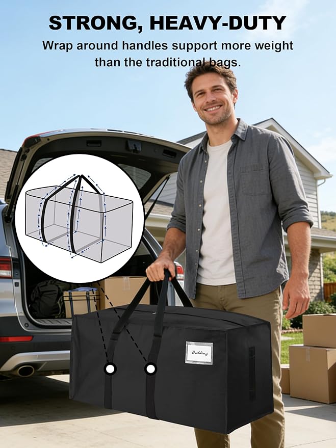 HOMESURE Supports 200lbs Heavy Duty Moving Bags - Strong Zipper & Wrap-Around Handles - Water-Resistant Storage Totes, Durable Alternative to Moving Boxes - 12 Pack - Black