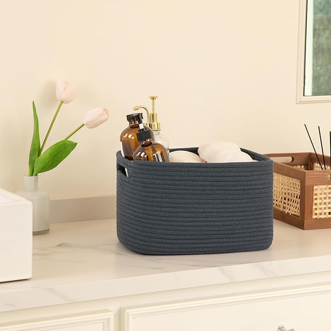 OIAHOMY 4 Pack Storage Baskets for Organizing, Cube Storage Bins for Shelves, Rectangle Storage Baskets With Handles, Woven Baskets for Storage, 12.7''Lx9''Wx7.8''H, Blue
