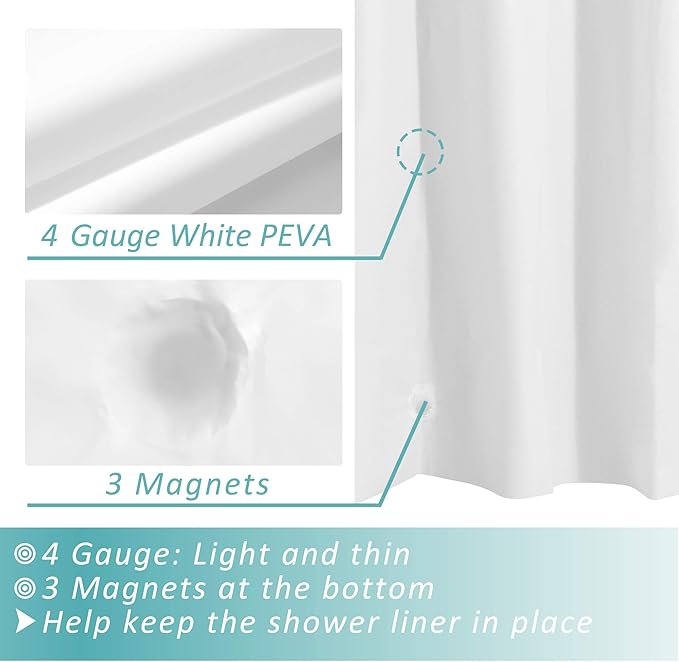 Mrs Awesome White Shower Curtain Liner with 3 Magnets, 72x72 Premium Flexible Sturdy Plastic Shower Curtain for Bathroom Lightweight & Waterproof, White