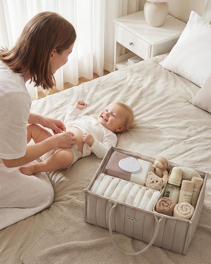 Blissful Diary Baby Diaper Caddy Organizer, Stylish Storage Basket for Newborn Essentials and Diaper Station, Gift for Baby Shower and Registry Must-Have, Sand