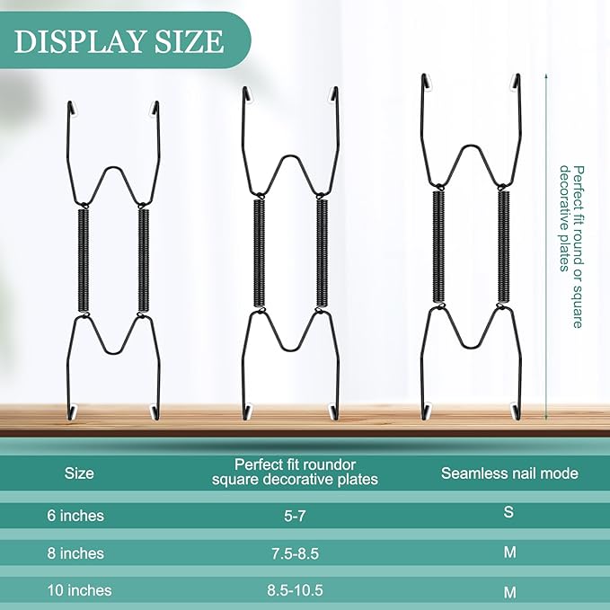 Hotop 12 Pieces Plate Hangers for Wall Stainless Steel Wire Invisible Plate Hangers Heavy Duty Display Holders with 12 Pieces Hooks for Wall Decoration (6/8/10 Inch,Black)