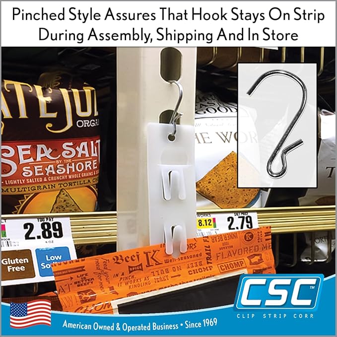 Clip Strip 100 Pack S Hooks, 1.69" S Shaped Hooks for Hanging Plants, DIY Crafts, Jewelry, Keys, Decorations, Kitchen Utensils, Merchandisers, Displays, Products in Retail, Pinched Version