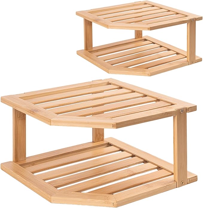 Bamboo Corner Shelf(2 Pack),2 Tier Plate Organizer for Cabinet and Countertop,Pantry Dish and Spice Rack for Kitchen