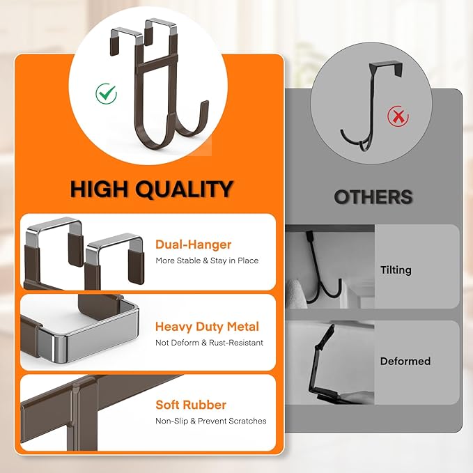 FYY Over The Door Hooks - 2 Pack Heavy Duty Double-Hanger Organizer for Bathroom Bedroom Dorm, Hanging Clothes Towels Hats Bags Ironing Board Wreath Robe - Fits Interior Doors Up to 1 3/8" Brown