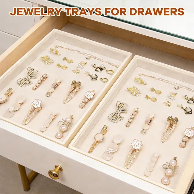 Beige Velvet Jewelry Tray for Drawers Black Jewelrys Display Tray Stackable Jewelry Organizer Trays for Necklace Bracelet Ring Watch (2 Pack)