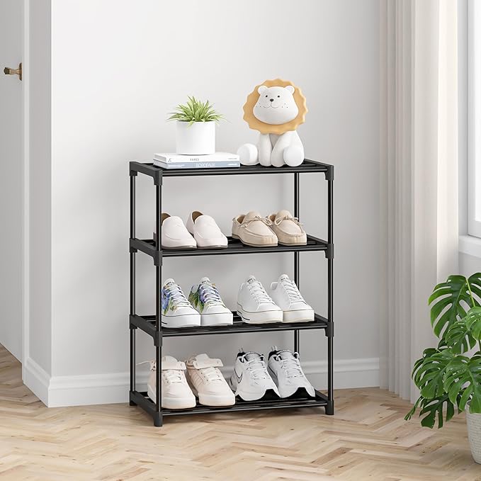 4 Tier Small Shoe Rack, Narrow Stackable Shoe Shelf for Kids Toddler Adult, Lightweight Shoe Rack Stand for Closet Dorm Storage Organizer, Front Door Entrance, Entryway