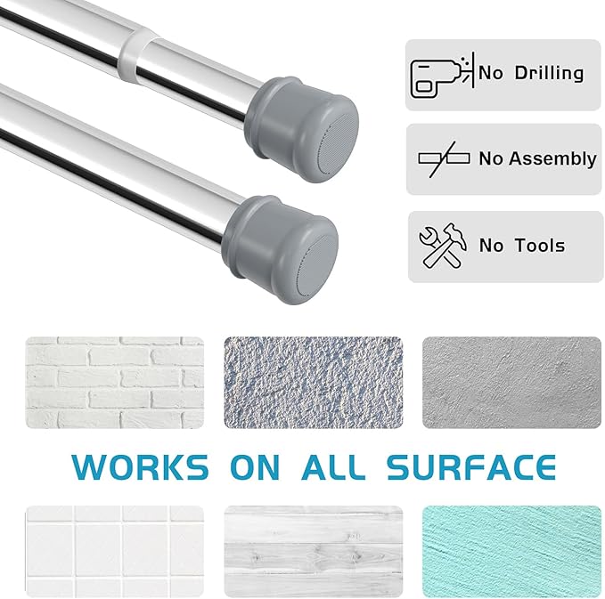 No Sectional Assembly Shower Curtain Rod 56-104 Inch, 1" Diameter Spring Long Adjustable Tension Curtain Rods for Bathroom Windows Closet No Drilling No Rust, Silver