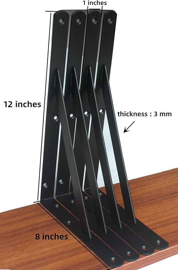 2 Pack L12 x H 8" Black Heavy Duty Shelf Brackets with Screws Metal Shelf Brackets Shelf Support Angle Brackets for Shelves L Brackets Heavy Duty Floating Shelf