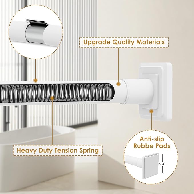 White Shower Curtain Rod,Spring Tension Curtain Rod 30-64”,No Drill or Screw Installation Shower Rod for Bathroom, Closet, Kitchen with Brackets