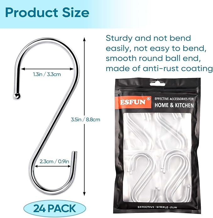 ESFUN 24 Pack S Hooks for Hanging, 3.5 inch Metal S Shaped Hook Heavy Duty Hanging Hooks for Pot Rack, Pans Plant, Towels, Jeans, Closet, Clothes, Hats, Cups in Kitchen, Bathroom, Bedroom and Office