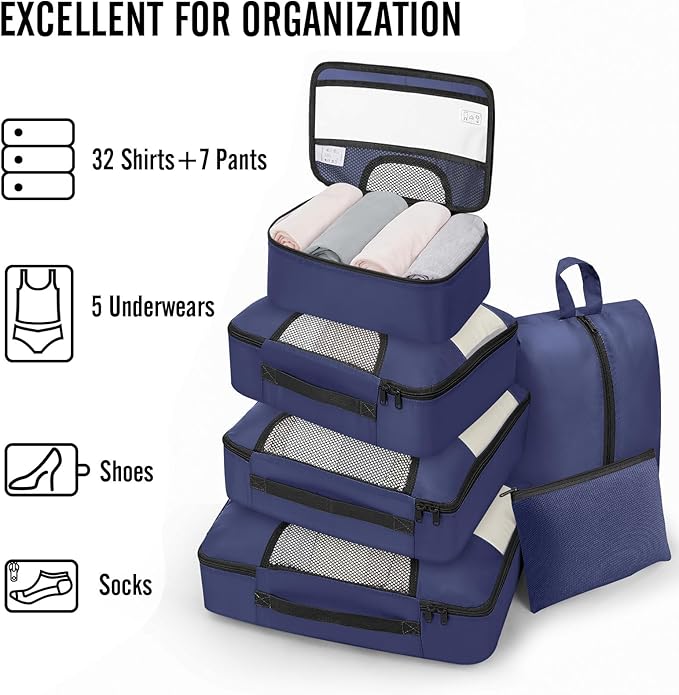 Veken 8 Set Packing Cubes for Travel Essentials, Suitcase Organizer Bags in 4 Sizes, Carry-On Luggage Accessories with Large Laundry & Shoes Bag, Must-Have for Airplane, Road Trip & Camping