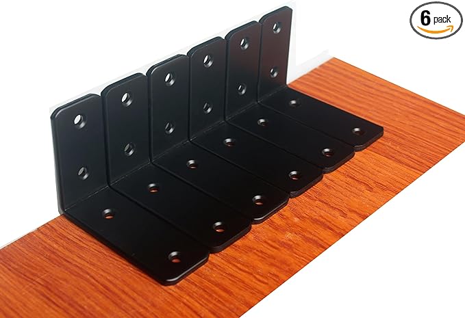 6 Pack - L 4" x H 3" x W1.5, 5mm Thick Black L Shelf Bracket, Iron Shelf Brackets, Metal Shelf Brackets, Floating Shelf, Shelf Supports with Screws